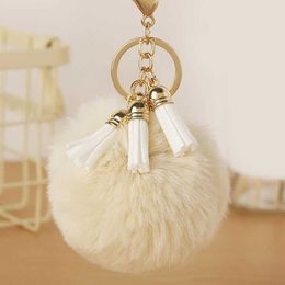 Keychains Lanyards New Women Tassel Hairball Key Chain Pendant Tassel Rabbit Fur Cute Ball Pompom Keychain Bag Big Charm Key Ring Gifts