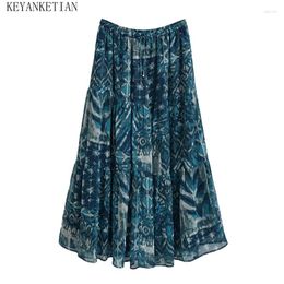 Skirts KEYANKETIAN 2024 Launch Women Wire Embellishment Printed Chiffon Skirt Ethnic Style Lace Up Elastic Waist A-line MIDI