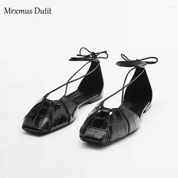 Sandals Mrxmus Dutit Fashion 2024 Summer Black Hollow Design Strap Leather Flat