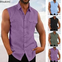 Men's Polos 2024 Spring/Summer Mens Casual Cotton Linen Tank Top Casual Solid Button Collar Sleeveless Tank Top Fashion Tank TopL2405