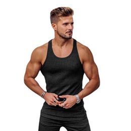 Men's Tank Tops Knitted Strips Gym Stringer Tank Top Men Fitness Slveless T Shirt Slim Fit Running Vest Fashion Sport Singlets Summer Clothing Y240507