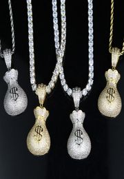 Full Micro Paved Cubic Zirconia CZ Iced Out Dollar Money Bag Pendant Hip Hop Women Necklace With Tennis Box Chain9660432