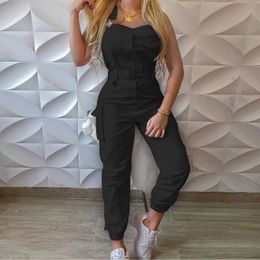 Womens jumpsuit High waist Slim Solid pocket Cargo pants Strap Sleeveless casual Overalls 240429