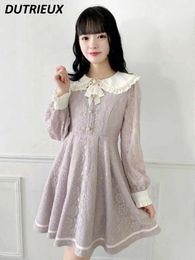 Casual Dresses Lolita Sweet Cute Girl Waist-Controlled Long Sleeves Dress Japanese Mine Lace Pearl Kawaii Doll Collar For Women