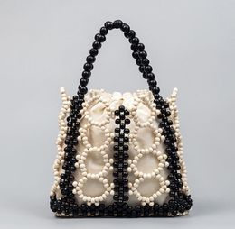 Beach Wood Bead Woven Bag Handmade Wooden Beads Handbags Hollow Out Tote Bags Commuter Clutch Purses Bucket Bag For Girls Party Cluth Bags