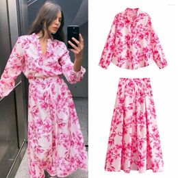 Work Dresses KUCLUT 2024 Women's Printed Shirt Top And Floral Print Skirt Blouse Store Party Korean Style Two Piece Set Sets