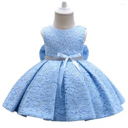 Girl Dresses Yoliyolei Cute Bow Blue Children Clothes Lace Flower 1st Birthday Toddler Baby Summer Dress With Cotton Lining Satin Belt