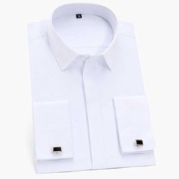 Men's Dress Shirts Mens Classic French Cuffs Solid Dress Shirt Fly Front Placket Formal Business Standard-fit Long Sle Office Work White Shirts d240507