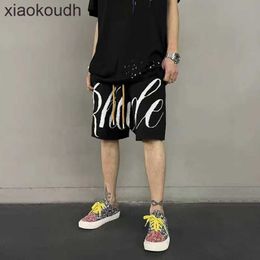 Rhude High end designer shorts for Fashion Summer High Street Sports Casual Jacquard Knitted Loose Capris Shorts for Men and Women With 1:1 original labels
