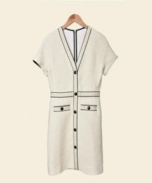 2019 Fall Autumn Short Sleeve V Neck Contrast Color Panelled Buttons Short Mini Dress Women Fashion Dresses O1021197M6313609