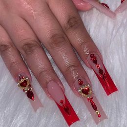 False Nails 24Pcs Square False Nails with Glue Wearable Red Long Coffin Fake Nails Rhinestone Design Ballet Full Cover Press on Nails Tips T240507