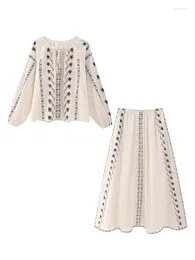 Work Dresses Summer 2024 Women's Blended Fabric Embroidered Round Neck Loose Long Sleeve Shirt Top High Waist Skirt