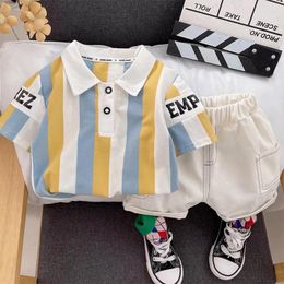 Clothing Sets Children's Boys Suit Casual Lapel Collar Short Sleeve Tops Shorts Striped Outfits Kids Summer Sports Clothes 0-5Years