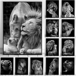 Stickers Black and White Animal Family Poster Lion Family Print Canvas Wall Art Modern Painting Picture Decor Bedroom Aesthetic Art