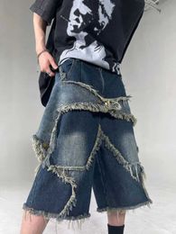 Men's Shorts New American style retro celebrity patch Tassel mens denim shorts loose casual hip-hop street couple underwearL2405