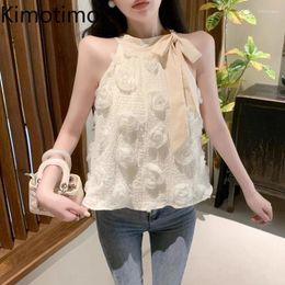 Women's Blouses Kimotimo Off Shoulder Halter 3D Flower Tank Top Women Summer Sweet Sleeveless Outwer Vest French Slim Fit All Match Ladies