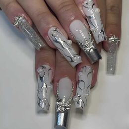 False Nails 2024 Punk Cool Fake Nails Sliver French Flame y2k Pearl Design Press on Nails Long Coffin Ballerina False Nail Patch for Girls T240507