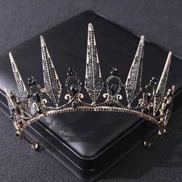 Headbands Baroque retro black crystal rhinestone crown bride queen princess wedding hair accessories elegant headwear womens jewelry Q240506