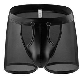 Men Underwear Faux Leather Boxers Shorts Homme Transparent Mesh Panties Man Detachable Buckle Pouch Underpants Cueca Calzoncillo 240506