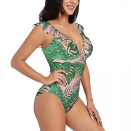 Women's Swimwear Women Tropical Green Leaves One Piece Sexy Ruffle Swimsuit Summer Beach Wear Slimming Bathing Suit