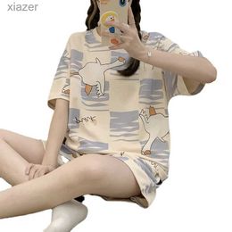 女性用スリープウェアレディースパジャマとパジャマセットカミソルショーツブルーパープルピンクS-5XLラージサイズのベア恐竜スワンTシャツ丸首wx