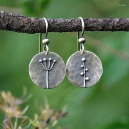 Dangle Earrings Bohemian Originality Round Hand Carved Flower Branch For Women Vintage Silver Color Hook Jewelry Gifts