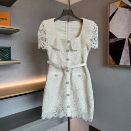 Women's Dresses fashion brand white square neck short sleeve lace mini dress
