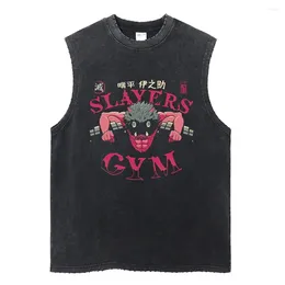 Men's Tank Tops Men Vintage Vest Hip Hop Streetwear Anime Print Unisex Casual Sleeveless Shirt Summer Cotton Washed Black Tees