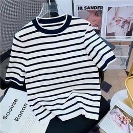 Women's T Shirts Summer Loose Striped Cotton Knitted Fabric T-Shirts Women Casual O-Neck Short Sleeve White Black Ladies Tops