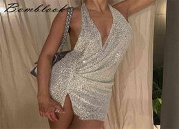 Bomblook 2022 New Halter Sequins Slit Sexy Mini Dress Women Bar Party Dress Evening Dress Original Design Y2204016734251