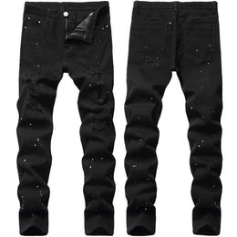 Men's Jeans Denim jeans with elastic holes suitable for black design lace pants mens new four seasons plus sizeL2405
