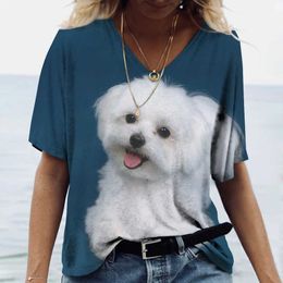 Women's T-Shirt Hot selling womens T-shirts in 2023 3D printed pet dog summer fashion short sleeved top V-neck pure cotton street clothing Harajuku casual zipperL2405