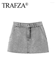 Skirts TRAFZA Summer Women's Chic Faux Pearl Embellished Sexy Denim Mini Skirt Zipper Elegant Slim Fit A-Line