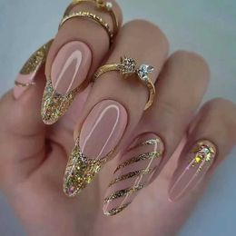False Nails 24Pcs Long French False Nails Almond Fake Nails with Shiny Sequin Design Stripe Finished Press on Nails Wearable Round Nail Tips T240507