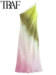 Casual Dresses 2024 Tie Dye Print Satin Women Midi Long Dress Sleeveless Backless Asymmetric One Shoulder Summer Female