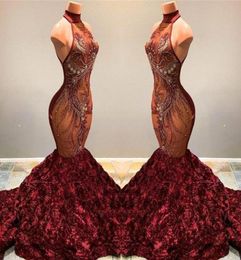 2022 Stunning African Mermaid Prom Dresses Burgundy Long High Neck Beading Crystal Ruffles Flowers Women Sexy Pageant Party Gowns 8391703