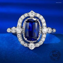 Cluster Rings Retro Fine Jewelry 6x9mm Blue Sapphire Cubic Zircon 925 Sterling Silver Wedding Engagement Ring