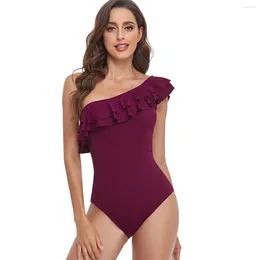 Women's Swimwear 2024 Swimsuit Solid Colour Single Shoulder Lotus Leaf Edge One-Piece Pit Strip Sexy Tight High Elastic Conservative