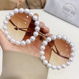 Sunglasses Pearl Round Women Big Frame Oval Vintage Designer Elegant Retro Steampunk Men