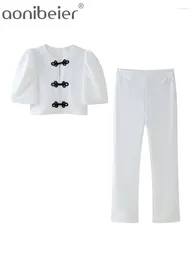 Women's Two Piece Pants Aonibeier White Puff Sleeve Slim Women Shirt Suits 2024 Summer Unique Buttons O Neck Crop Top Female Ankle Sets