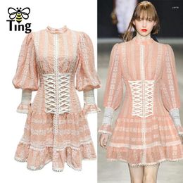Casual Dresses Tingfly Runway Fashion High Quality Embroidery Hollow Out Lantern Sleeve Short Party Slim A Line Mini Dress Lace Up