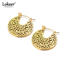 Hoop Earrings Vintage Round Hollow Geometric Pattern Gold Color Stainless Steel Texture Ethnic Jewelry For Women E23231