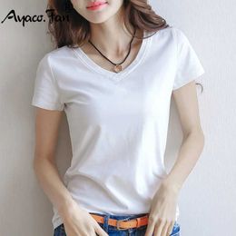 Women's T-Shirt Spring Summer Women Cotton T-shirt Black V-Neck Short Sle Fe Tee Slim White T-Shirt Casual Solid Lady Tshirt Tops d240507