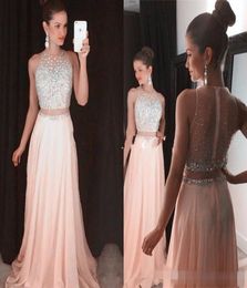 Blush Pink Crop Top Prom Dresses Prom Gown Two Piece Silver Crystal Sheer Back Chiffon Sexy Long Evening Dress For Graduation Part5801206
