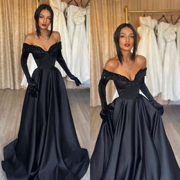 Prom Dresses Sequins Sexy Black Off Shoulder Party Evening Gowns Pleats A Line Formal Long Special Ocn Dress