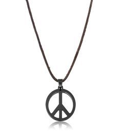 Pendant Necklaces 2021 Black Stainless Steel Hollow Out Peace Pendants For Men Love Hippie Punk Long Genuine Leather Necklace Je9248049