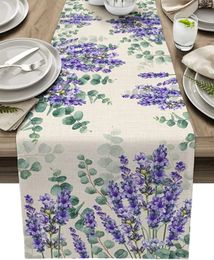 Eucalyptus Leaves Purple Lavender Flowers Linen Table Runners Party Decor Kitchen Dining Wedding Decorations 240430