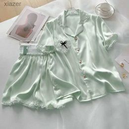 Women's Sleepwear Womens summer silk dyed pajama set with lace decoration cute home clothing womens short sleeved pants cute pajamas and pajamas WX