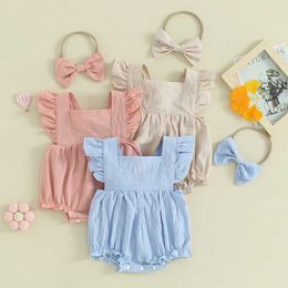 Rompers Newborn Baby Girls Summer Casual Months Clothes Fly Sleeve Frill Trim Solid Colour Jumpsuit And Headband Costume H240507