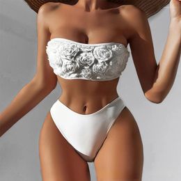 Women's Swimwear Strapless Bikini Push Up Swimsuit Women Sexy Bandage Biquini Set Bathing Suit 2024 Mujer Female Beachwear Flower White